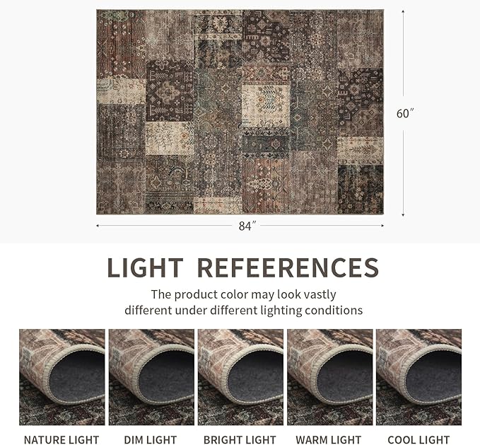 Vintage Washable Area Rug for Living Room,Low Pile 9x12 Non Slip Carpet Non-Shedding Area Rug Soft Indoor Stain Resistant Rug Floral Print Mat for Bedroom Dining Room 084-Brown