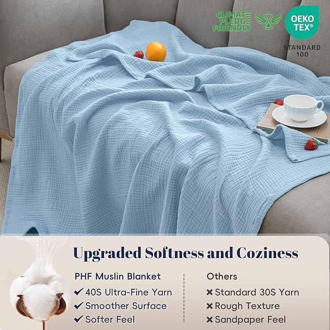 PHF 100% Cotton Muslin Blanket Twin XL Size 66"x90", 4-Layer Lightweight Gauze Throw, Breathable Cloud-Soft Minimalist Blanket for Bed, Couch, Camping & Baby, Sky Blue, Ideal Gift