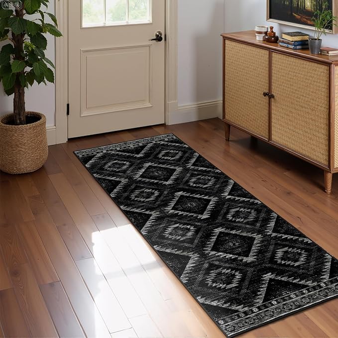 Area Rug 2x10 Rug Machine Washable Non-Slip Low Pile Print Pattern Western Rug for Living Room Bedroom Entryway Tribal Series-Black