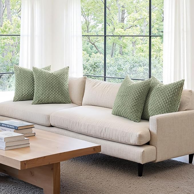 MIULEE Sage Green Decorative Throw Pillow Covers for Couch Living Room 18x18 Inch Soft Pillow Cases Set of 4 Boho Striped Corduroy Farmhouse Cushion Covers Spring Home Decor for Sofa Bed
