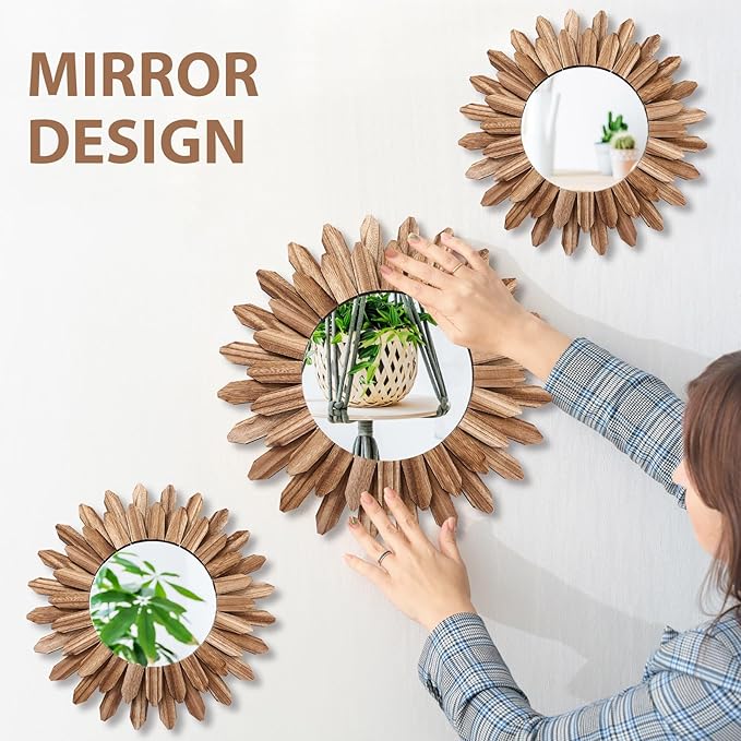 3 Pcs Boho Wall Decor Round Sunburst Mirror Boho Circle Mirror with Rustic Wood Frame Decorative Hanging Wall Art for Farmhouse Home Decor,17 Inch and 12 Inch(Wood Color)