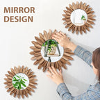3 Pcs Boho Wall Decor Round Sunburst Mirror Boho Circle Mirror with Rustic Wood Frame Decorative Hanging Wall Art for Farmhouse Home Decor,17 Inch and 12 Inch(Wood Color)