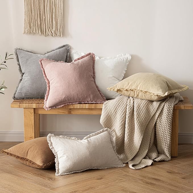 MIULEE Decorative Throw Pillow Covers Neutral Linen Fringe Throw Pillows Set of 2 White Boho Farmhouse Cushion Covers with Tassels for Couch Sofa Bed Living Room Home Spring Decor 18x18 Inch
