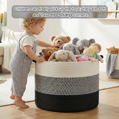 100L Large Cotton Rope Basket, Decorative Woven Blanket Storage for Living Room, Boho Toy Storage & Toy Box for Kids, Versatile Laundry Basket & Nursery Hamper for Blankets(Black)