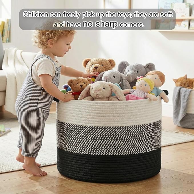 70L Large Cotton Rope Basket, Decorative Woven Blanket Storage for Living Room, Boho Toy Storage & Toy Box for Kids, Versatile Laundry Basket & Nursery Hamper for Blankets(Black)