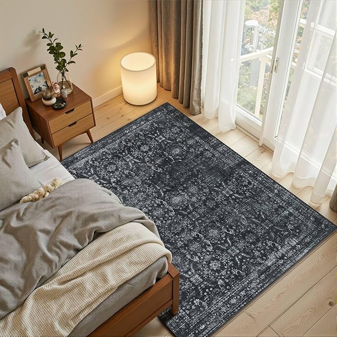3x5 Rug for Entryway Bedroom, Black 3x5 Washable Area Rug, Vintage Retro Boho Throw Rug, Non Slip & Low Pile Small Carpet for Indoor Kitchen, Bedside, Living Room, Bathroom and Dining