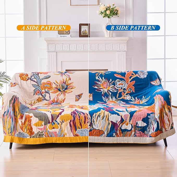 Boho Floral Throw Blanket, 100% Cotton Muslin Ultra Soft Sofa & Couch Cover, Bohemian Home Decor Gauze Quilt (Flower and Butterfly, 60"x80")