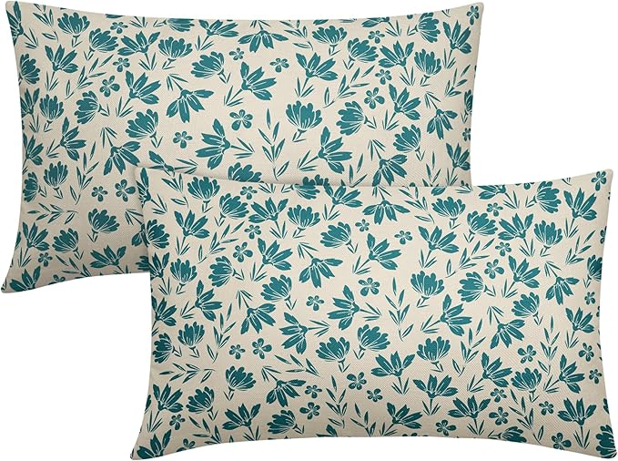 Teal Floral Pillow Covers 12x20 Set of 2 Vintage Rustic Old Style Cute Small Flower Blue Green Cream Print Decorative Outdoor Pillowcases Farmhouse Throw Cushion Case Decor for Couch Sofa Bed