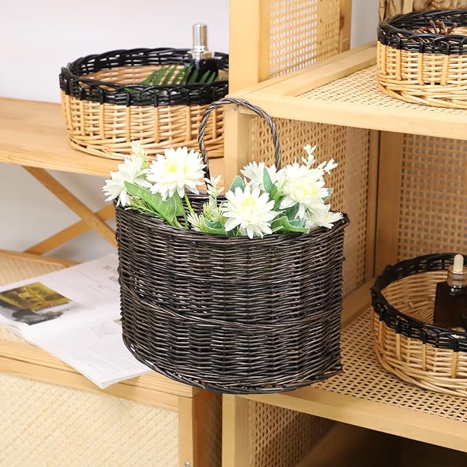 Wicker Wall Hanging Basket, Woven Plants Flowers Basket for Porch Garden Farmhouse Kitchen (Sector)