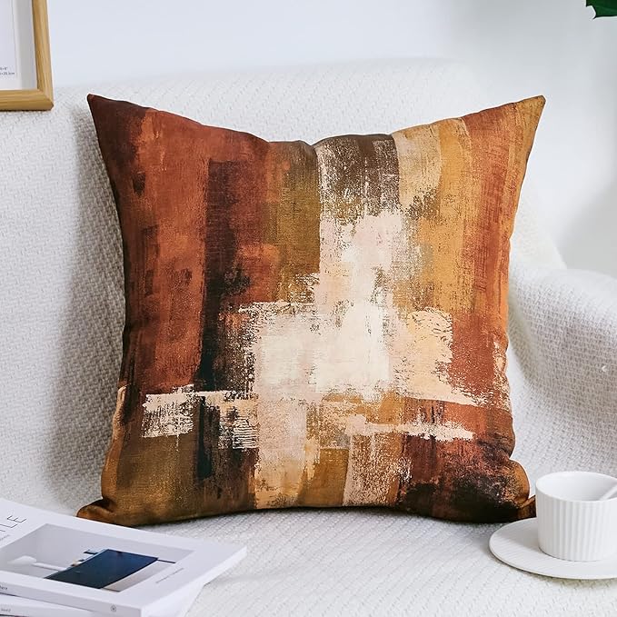 Qahing Burnt Orange Abstract Pillow Covers 16x16 Abstract Rust Art Painting Decorative Throw Pillowcase Modern Artwork Square Couch Cushion Cover for Living Room Sofa Accent Home Decor, Set of 2