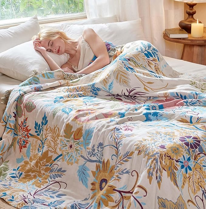 Boho Throw Blanket - 100% Cotton Throw Blankets for Bed Couch, 60"x80" Soft Muslin Lightweight Spring Throw Blanket, Cozy Floral Plant Printed Bohemain Bedding Decor Green Throw Quilt