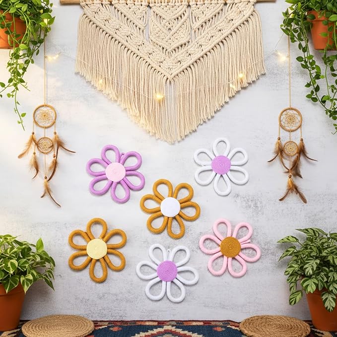 Ripeng 6 Pcs Boho Nursery Decor Flower Daisy Wall Art 6 Inch Woven Macrame Wall Hanging Bohemian Flower Decor Daisy Nursery for Baby Girls Kids Home Bedroom(Vintage Color)