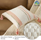 AmHoo Set of 2 Chenille Striped Textured Boho Throw Pillow Covers Aesthetic with Tassels Woven Decorative Pillow Case for Couch Bed Sofa Bedroom Modern Funky 18 x 18-Inch White Orange