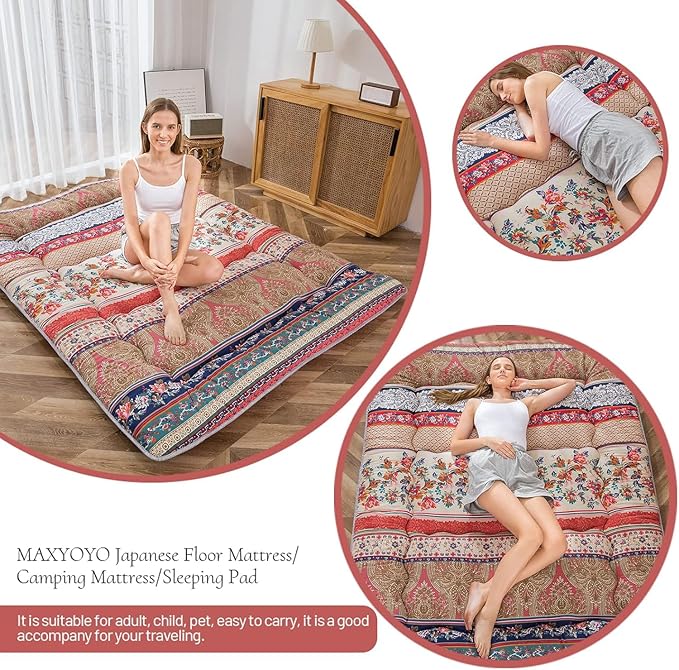 MAXYOYO Bohemian Retro Floor Mattress Vintage Floral Japanese Futon Mattress Roll Up Thicken Sleeping Bed Portable Camping Mattress Floor Lounger Couch Bed Mattress Pad, Full Size