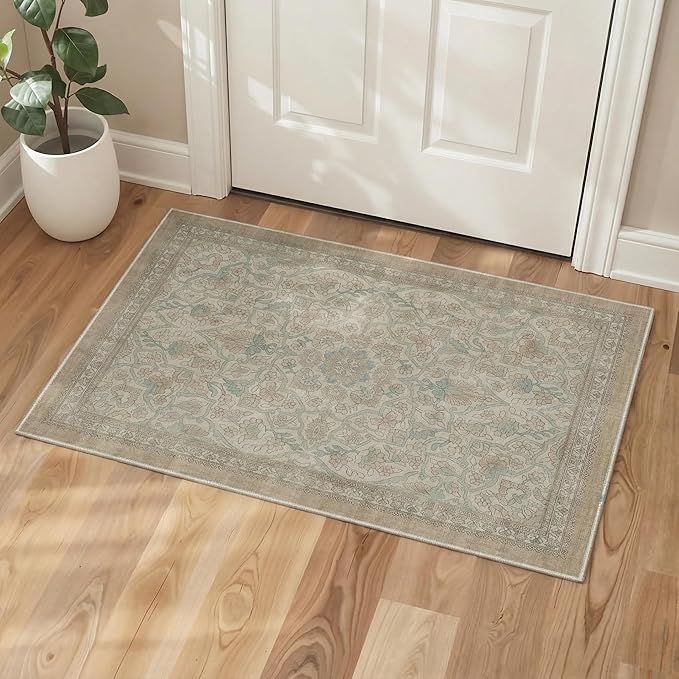GENIMO Runner Rug 2x6 Non Slip Machine Washable Vintage Hallway Runner Rug, Low Pile Lightweight Rugs for Entryway, Hallway, Kitchen and Corridor, Dusty Beige