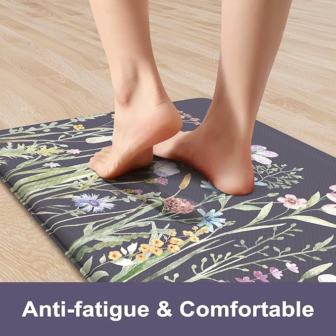 KIMODE Anti Fatigue Kitchen Mat, Farmhouse Floral Kitchen Rugs, Kitchen Floor Mats Non-Slip,Comfort Kitchen Mats for Floor Sink, Laundry, Office, Desk Dark Grey/Purple 17"x47"+17"x29"