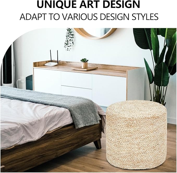 Wimarsbon 2Pcs Pouf Ottomans, Natural Seagrass Foot Stool, Hand Weaving Round Ottoman, Boho Decorative Seat, Jute Braided Pouffe Poof Accent Sitting Footrest for Living Room (18inch Corn Shell)