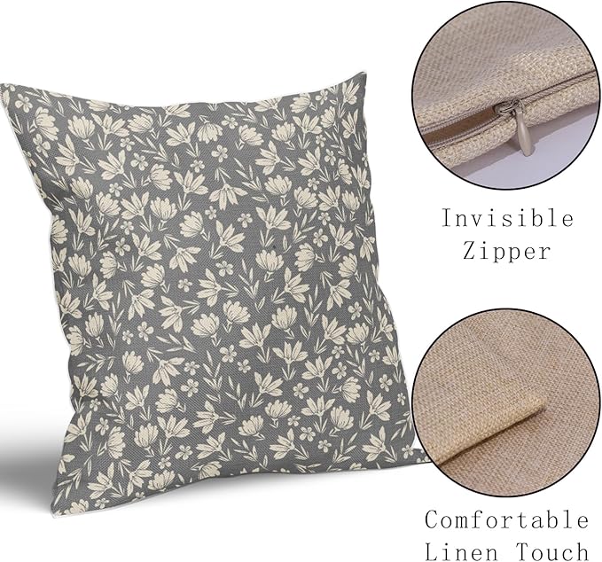 Grey Gray Pillow Covers 24x24 Set of 2 Vintage Floral Rustic Old Style Cute Flower Print Decorative Outdoor Pillowcases Seasonal Farmhouse Throw Cushion Case Decor for Couch Sofa Bed