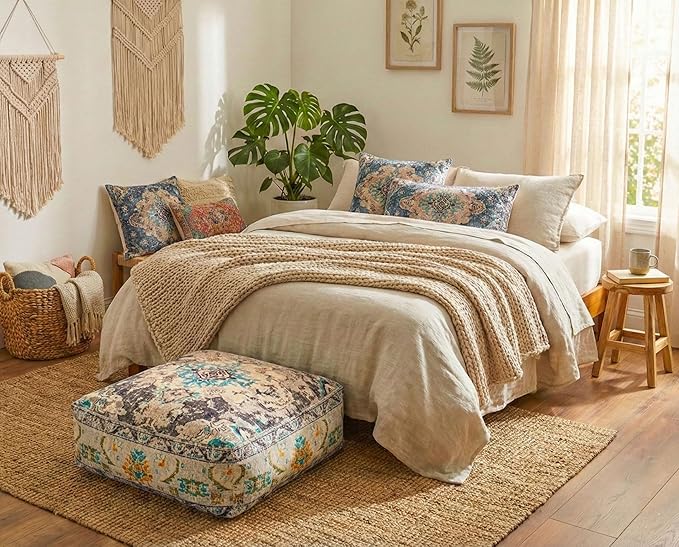 Mandala Life ART Boho Floor Cushion Cover Gray Square Moroccan Pouf Ottoman Pillow for Meditation Yoga and Boho Chic Low Seating Area Cotton 24x8 Unstuffed