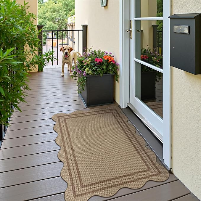 Easy Jute Front Door Mat, 2.6x4 Washable Entryway Rug Non Slip Small Kitchen Rug, Farmhouse Low Pile Floor Scalloped Rugs for Bathroom Porch Doorway