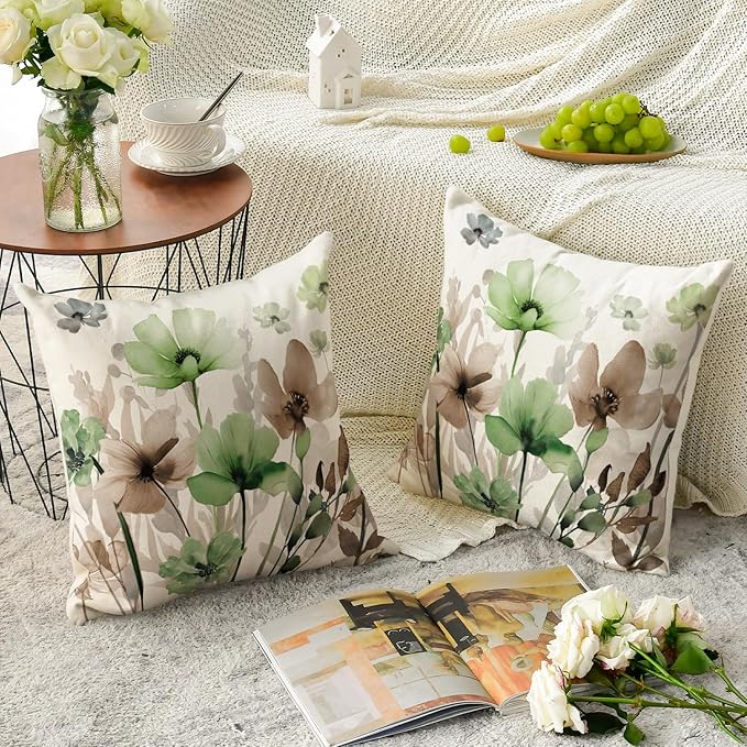 AVOIN colorlife Poppy Flowers Chinoiserie Throw Pillow Covers, 18 x 18 Inch Sage Green Brown Seasonal Leaves Cushion Case Decoration for Sofa Couch Set of 2