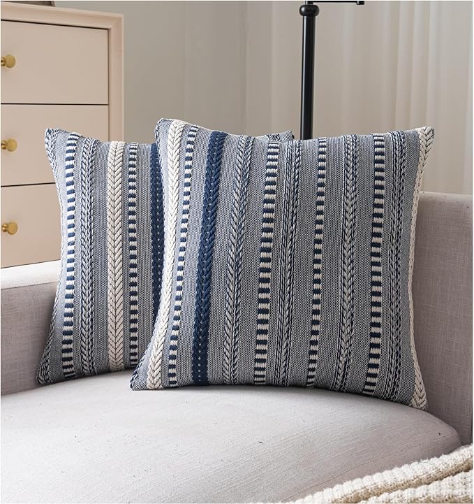 Boho Throw Pillow Covers 18x18 Inch Set of 2, Farmhouse Decorative Couch Pillow Cases, Navy Blue Accent Pillows of Bed, Sofa Bedroom Living Room Home Decor Cushion Cover