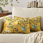 Mustard Yellow Floral Pillow Covers 12x20 Set of 2, Velvet Wild Flower Plant Throw Pillows Case, Square Farmhouse Decor Cushion Covers for Home Sofa Bed Couch