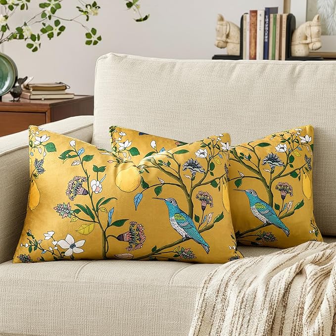 Mustard Yellow Floral Pillow Covers 12x20 Set of 2, Velvet Wild Flower Plant Throw Pillows Case, Square Farmhouse Decor Cushion Covers for Home Sofa Bed Couch
