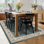 Vintage Blue Area Rugs 5x8, Non Slip Washable Rug for Living Room Bedroom, Dark Medallion Distressed Printed Low Pile Thin Carpet Rugs for Dining Room/Kitchen/Home Office, Deep Blue/Multi