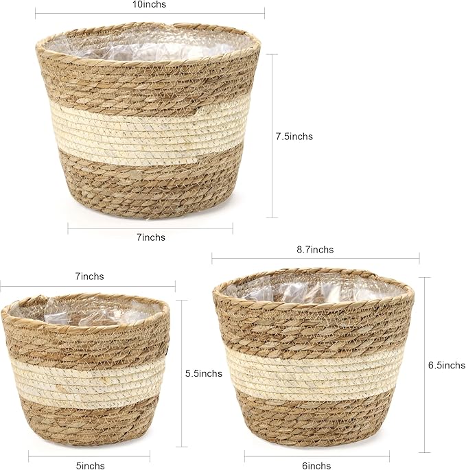 Athaliah Water Hyacinth Plant Basket Set of 3, Woven Planter Baskets with Plastic Liner, Indoor Plant Pot Covers for Potted Plants, Rustic Boho Farmhouse Home Decor