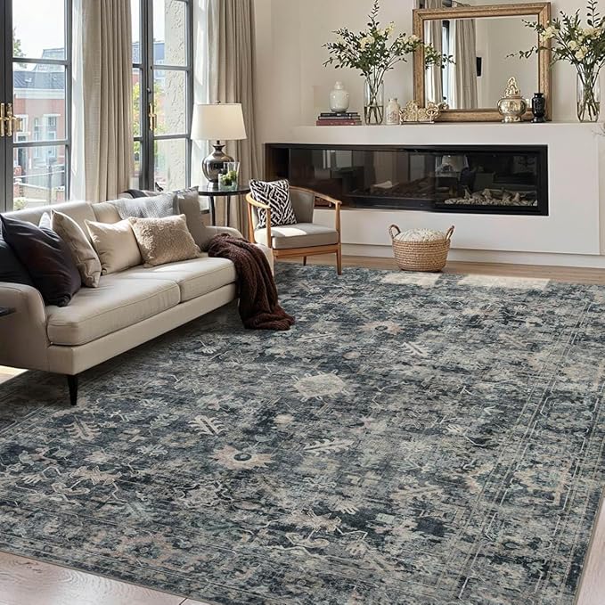 8x10 Area Rugs for Living Room Bedroom, Large Washable Rug, Blue Vintage Retro Boho Rug, Non Slip & Low Pile Faux Wool Thin Carpet for Indoor Dining Room and Kids Room(Blue 8x10ft)