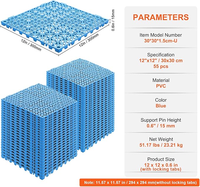 VEVOR Interlocking Tiles, 55Pcs 12 x 12 in, Soft PVC Drainage Tile Mat, Non Slip & Wear-Resistant Splicing Drainage Mat, Floor Tile Drain Holes for Restroom, Bathroom, Kitchen, Pool, Blue