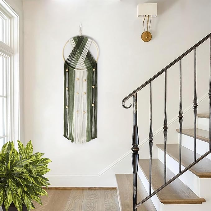 EOBTAIN Green Macrame Wall Hanging - Boho Large Dream Catchers - Round Handmade Macrame Wall Decor - Cotton Rope Tassel Woven Tapestry Art for Bedroom Living Room Apartment Home - 9.8" W x 31.5" L