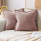 MIULEE Blush Pink Corduroy Decorative Euro Sham Pillow Covers 24x24 Inch with Splicing Set of 2 Soft Boho Pillow Covers Broadside Textured Pillowcases for Couch Bed Livingroom