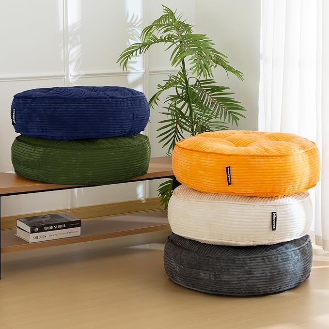 HIGOGOGO 6" Extra Thick Floor Pillow Cushion for Adults, Meditation Cushion Pillow, Large Round Floor Sitting, Tufted Corduroy Cover, for Tatami Living Room or Yoga, 22x22 Inch, Beige