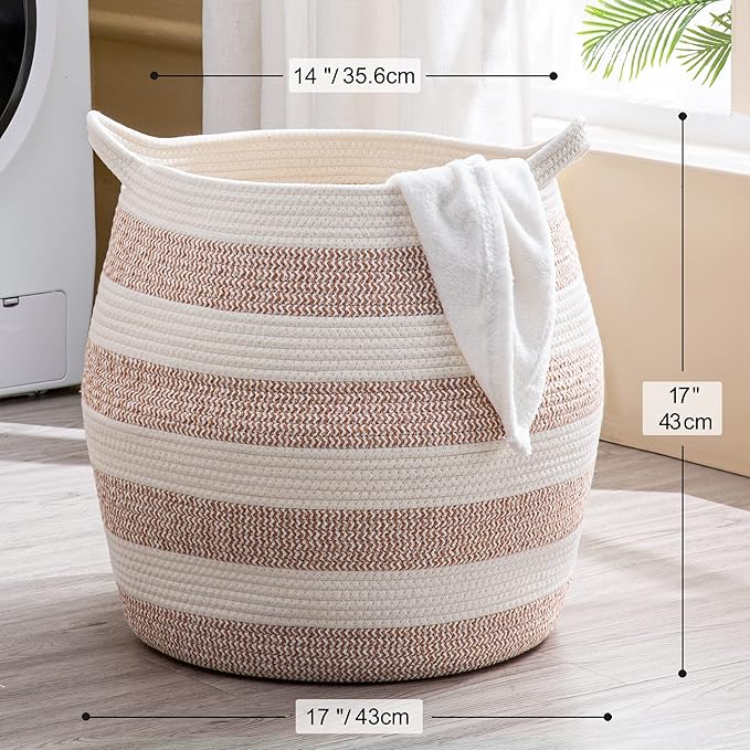 KAKAMAY Woven Baskets for Storage(17"x17"),Large Cotton Rope Woven Baby Laundry Hamper,Collapsible Laundry Basket, Blanket Basket for Organizing Living Room,Nursery,Pillows,Toy Chest(Rose)