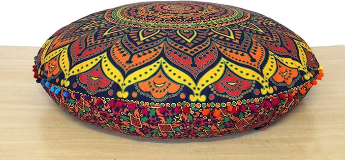 CRAFT KALA 24 Inch Meditation Floor Pillows Round Pillow Seating for Hippie Decorative Adults Bohemian Mandala Circle Floor Cushion Outdoor Yoga Living Room Throw Ottoman Poufs Cover (New Blue Ombre)