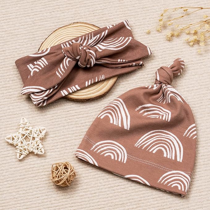 BabyWhale Muslin Swaddle Blanket with Hat and Headband Bow, Boho Rainbow Pattern Swaddle Set for Baby Boys & Girls, Unisex Silky Soft Breathable Receiving Wrap, 47x47 inches, Brown