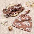 BabyWhale Muslin Swaddle Blanket with Hat and Headband Bow, Boho Rainbow Pattern Swaddle Set for Baby Boys & Girls, Unisex Silky Soft Breathable Receiving Wrap, 47x47 inches, Brown