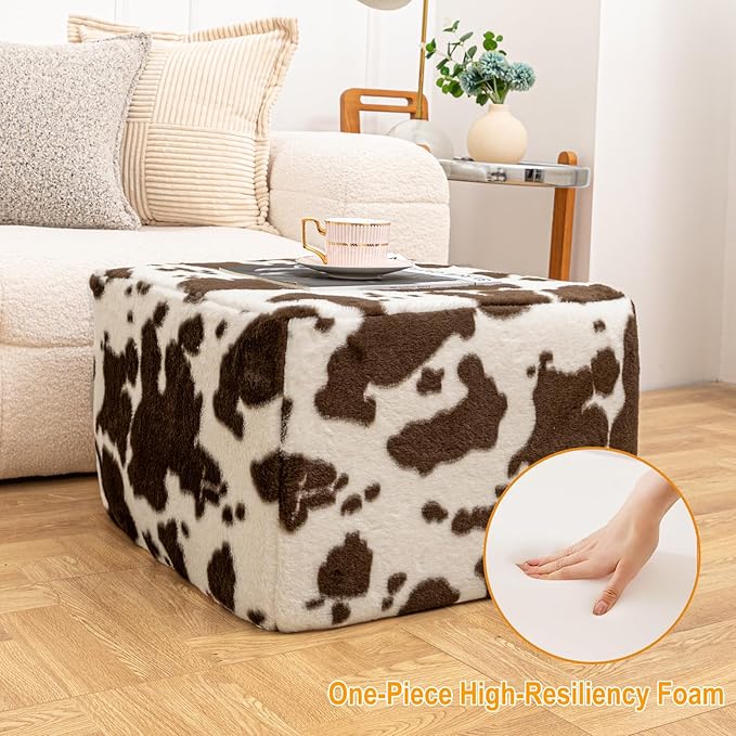 20x20x14 Inches Fluffy Square Pouf Ottoman - Plush Furry Boneless Ottoman Foot Rest Stool with High-Density Foam, Versatile Floor Seating for Living Room (Coffee Cow Print)