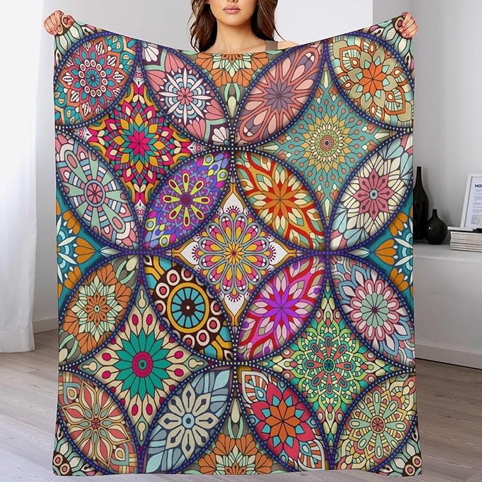 Boho Floral Throw Blanket Bohemian Colorful Mandala Flowers Print Theme Blanket for Sofa Bed Couch Chair Or Dorm 60"x80"