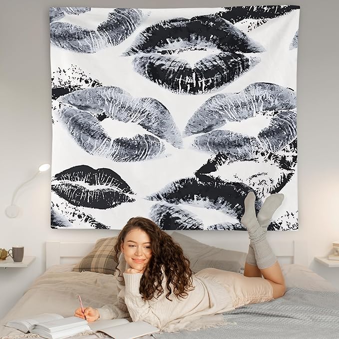 WNAGT Trendy Black and White Kiss Lips Tapestry Wall Hanging, Funky Makeup Wall Decor, Fashion Aesthetic Wall Blanket Decor for Girls Room College Dorm Makeup Room Beauty Room, 50x60 Inch