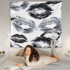WNAGT Trendy Black and White Kiss Lips Tapestry Wall Hanging, Funky Makeup Wall Decor, Fashion Aesthetic Wall Blanket Decor for Girls Room College Dorm Makeup Room Beauty Room, 50x60 Inch