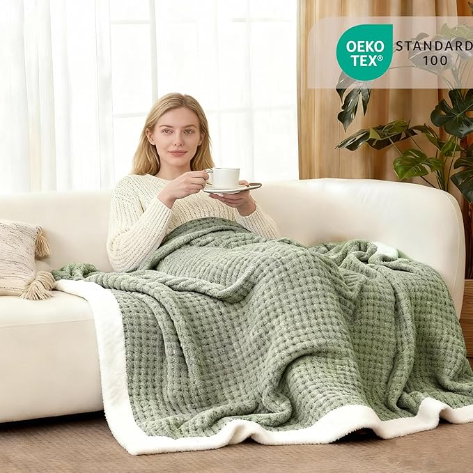 WRENSONGE Pineapple Stitch Throw Blanket, Sage Green Soft Cozy Fluffy Warm Hand Made Throw Blankets for Couch, Sofa, Chair, Bed, Camping, Picnic, Travel Lightweight Bed Blanket - 60"*80"