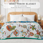 Boho Blanket Soft Muslin BohoThrow Blanket, 100% Cotton Floral Printed Farmhouse Decor All Season Reversible Rustic Throw for Sofa Couch Chair (90"x98")
