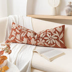 BlissBlush 14x36 Lumbar Pillow Cover for Bed, Brick Red Rectangular Long Throw Pillowcase, Embroidered Velvet Floral Tufted Farmhouse Accent Cushion (Cover Only)