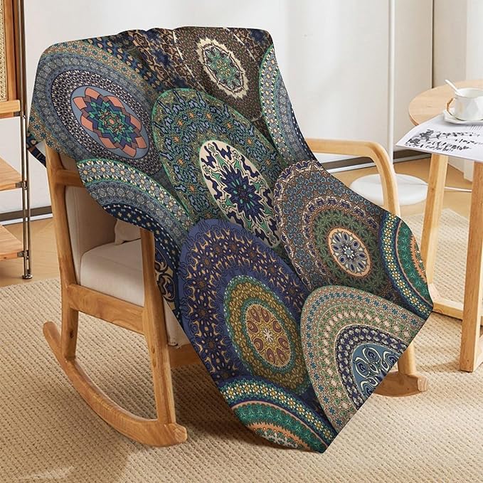 Indian Bohemian Throw Blanket Mandala Design Colorful Boho Floral Pattern Paisley Blanket for Sofa Bed Couch Chair Or Dorm 50"x60"
