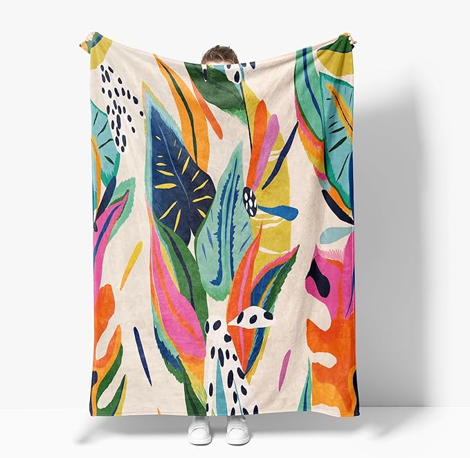 Abstract Colorful Throw Blanket, Jungle Floral Plant Bohemian Modern Asthetic Pastel Contemporary Art Blanket for Women Girls for Couch Bed Flannel Blanket Gift, 80" x 60"