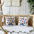 Floral Pillow Cover Boho Embroidered Pillow Covers for Couch Sofa Yellow Flowers Bohemian Pillow Covers Cotton Linen Botanical Plant Leaves Pillowcase Covers 2PCS 18x18 Inch