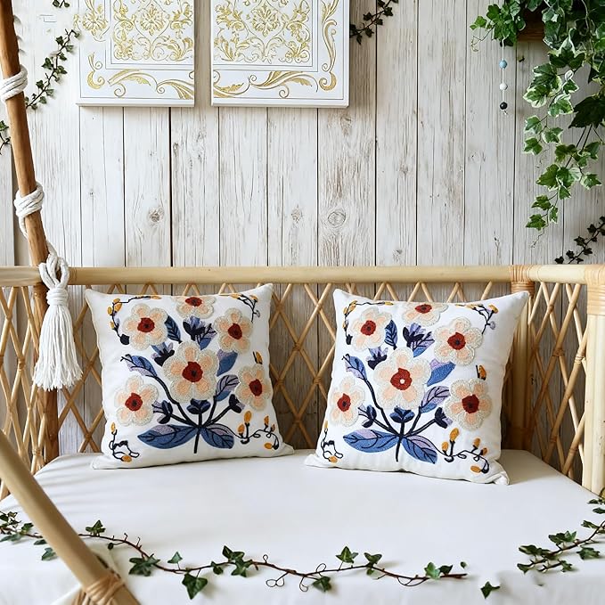 Floral Pillow Cover Boho Embroidered Pillow Covers for Couch Sofa Yellow Flowers Bohemian Pillow Covers Cotton Linen Botanical Plant Leaves Pillowcase Covers 2PCS 18x18 Inch